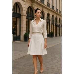 ETRO Italy White A-Line Pleated Skirt Size 36 US 2 Formal Midi Cotton Blend